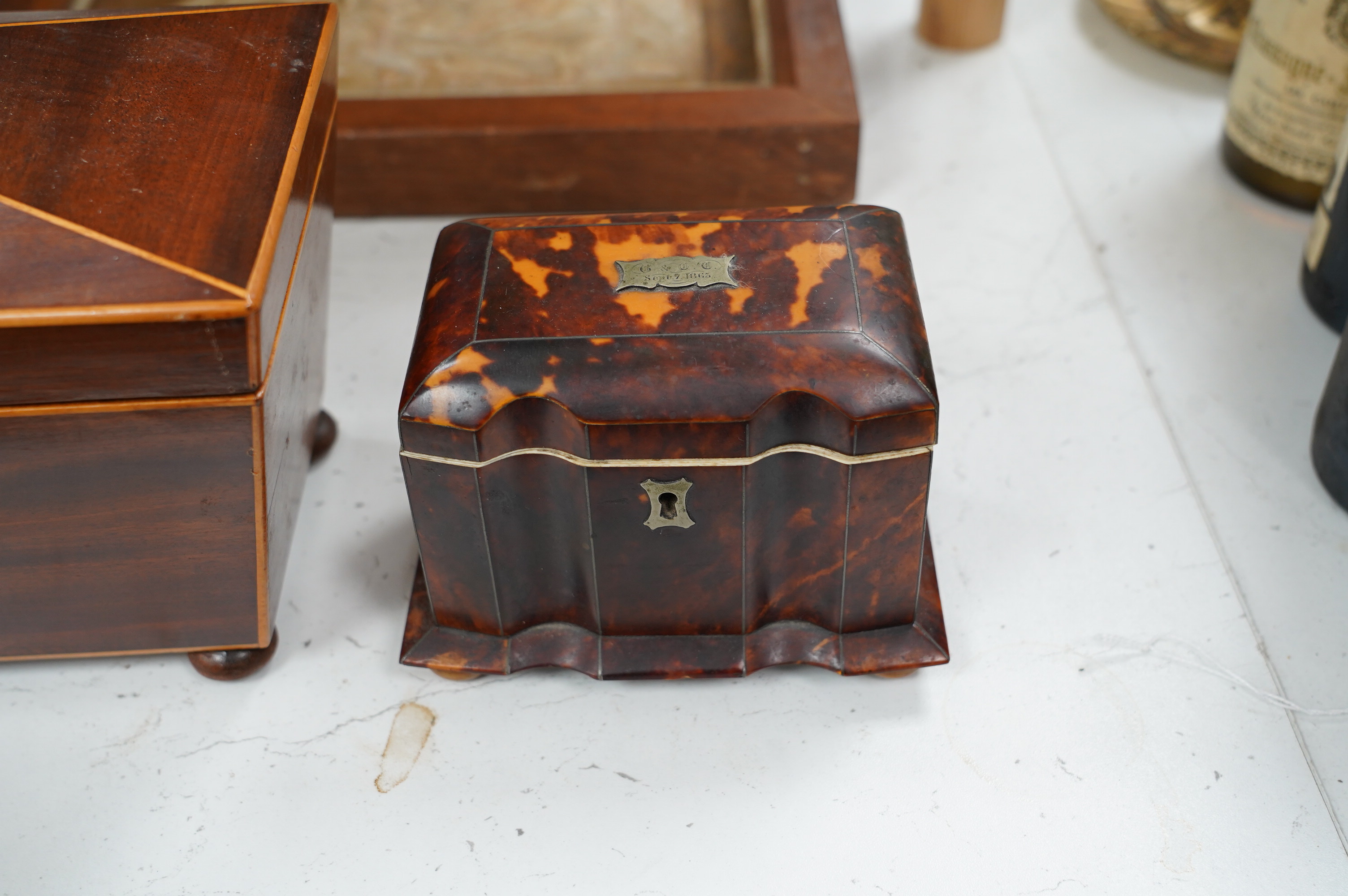 A 19th century tortoiseshell tea caddy with ivory banding together with a satinwood banded mahogany tea caddy, 28cm wide. Condition - poor to fair. CITES Submission reference MTBUUNZA